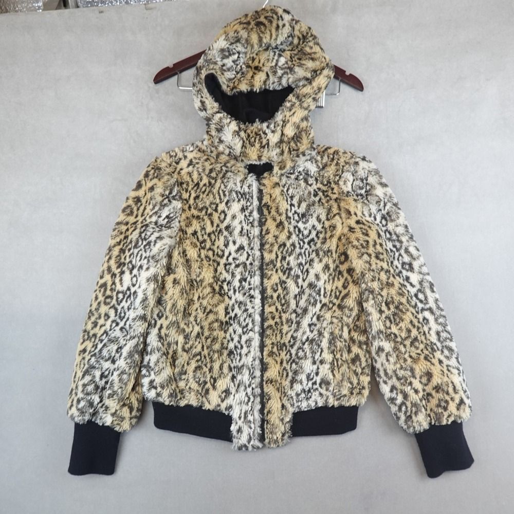 Alice Olivia Jacket Brown Faux Fur Leopard Print Wool Zip Up Hooded Size Small